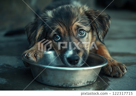 Little puppy resting near empty bowl looking sad and hungry 122317715