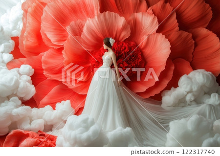 Bride wearing white wedding dress posing in front of giant red flower backdrop 122317740