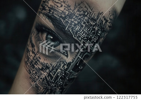 Realistic sleeve tattoo showing eye and circuit board design 122317755