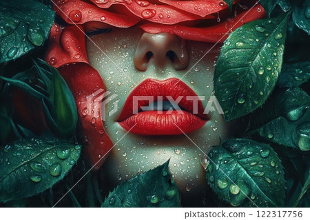 Woman face emerging from red roses and green leaves with water drops 122317756