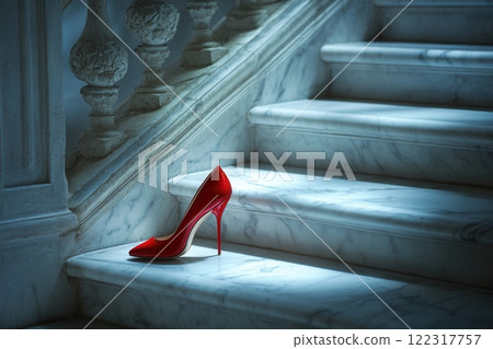 Elegant red high heel abandoned on marble steps in luxury setting Elegant red high heel abandoned on marble steps in luxury setting 122317757