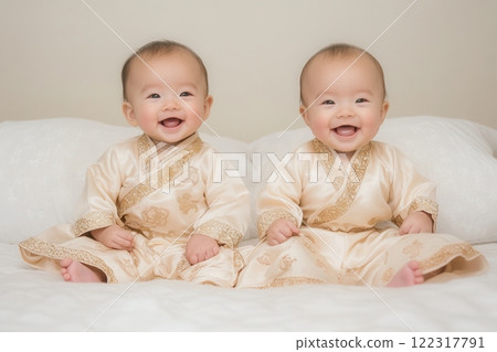 Adorable asian twin babies smiling and wearing traditional clothes Adorable asian twin babies smiling and wearing traditional clothes 122317791