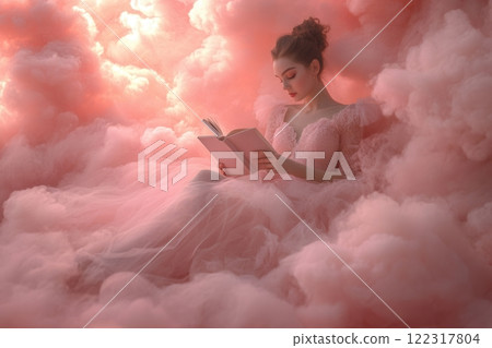 Princess reading a book while sitting on pink clouds, enjoying a fairytale dream 122317804