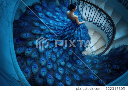 Fashion model wearing extravagant peacock feather gown on spiral staircase 122317805