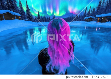 Woman with colorful hair admiring aurora borealis over frozen lake in winter wonderland 122317828
