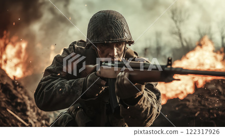 Cinematic of World War II soldiers. Military operation and War Concept. Generative Ai. 122317926