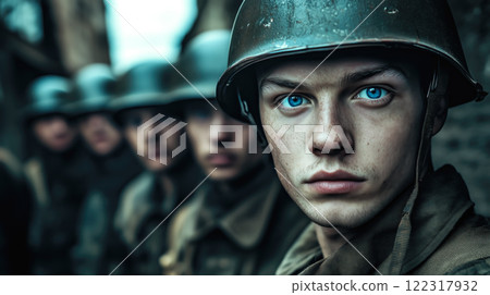 Cinematic of World War II soldiers. Military operation and War Concept. Generative Ai. Cinematic of World War II soldiers. Military operation and War Concept. Generative Ai. 122317932