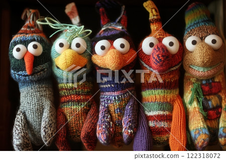 Colorful handmade knitted sock puppets with big eyes staring 122318072