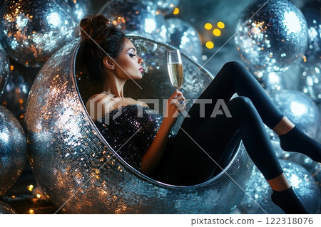 Elegant model drinking champagne in giant disco ball cup during party 122318076