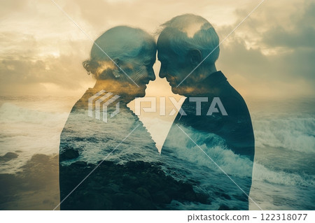 Elderly couple embracing with double exposure ocean sunset effect 122318077
