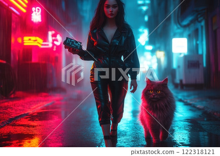 Woman walking with cat in futuristic cyberpunk city at night 122318121