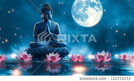 Buddha statue mediating with Lotuses and reflection. Magha Puja, Asanha Puja, and Visakha Puja Day. Buddhist holiday Concept. Generative Ai. Buddha statue mediating with Lotuses and reflection. Magha Puja, Asanha Puja, and Visakha Puja Day. Buddhist holiday Concept. Generative Ai. 122318153
