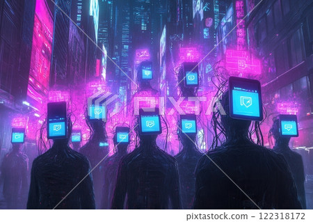 People walking in cyberpunk city with glowing screen heads symbolizing social media addiction 122318172