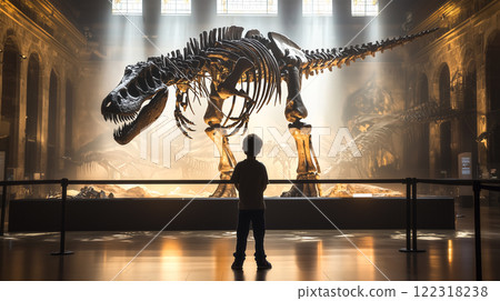 A kid boy stands in awe in front of a giant dinosaur skeleton at the museum. The concept focuses on curiosity, history, and the excitement of discovering the ancient past. Generative AI. Generative Ai 122318238