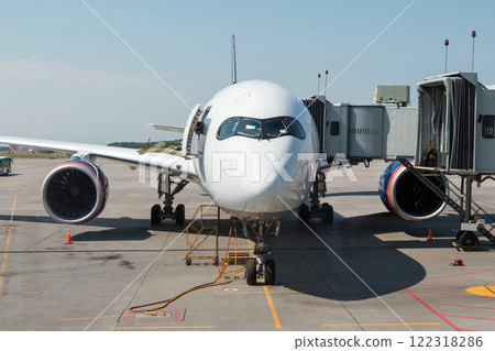 Front view of the white wide body passenger jetliner at the airgate 122318286