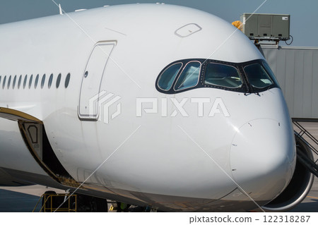 Close-up of the front of the white wide body passenger aircraft at the jetway Close-up of the front of the white wide body passenger aircraft at the jetway 122318287