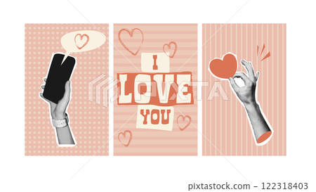 Collage elements for Valentine's Day cut from paper with halftone effect.Retro set,hand with phone and heart.Grunge texture.Trendy vintage sticker for card,banner, background.Perfect for promotions. Collage elements for Valentine's Day cut from paper with halftone effect.Retro set,hand with phone and heart.Grunge texture.Trendy vintage sticker for card,banner, background.Perfect for promotions. 122318403