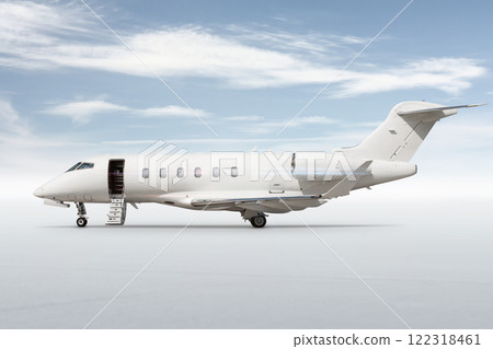 Modern white corporate jetliner with an opened gangway door isolated on bright background with sky Modern white corporate jetliner with an opened gangway door isolated on bright background with sky 122318461
