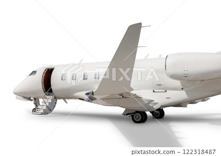 Close-up luxury business airplane with an opened gangway door isolated on white background 122318487