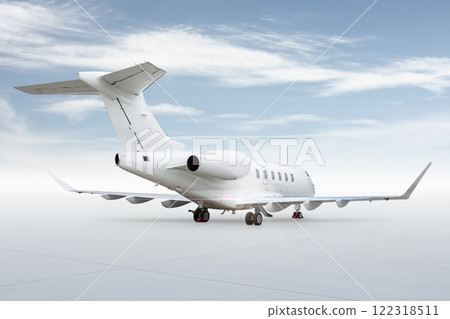 White luxury executive airliner isolated on bright background with sky White luxury executive airliner isolated on bright background with sky 122318511