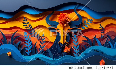 Paper cut design of yak zebu cow, colorful vibrant card for children, copy space banner 122318631