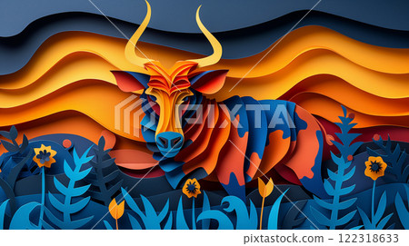 Paper cut design of yak zebu cow, colorful vibrant card for children, copy space banner 122318633