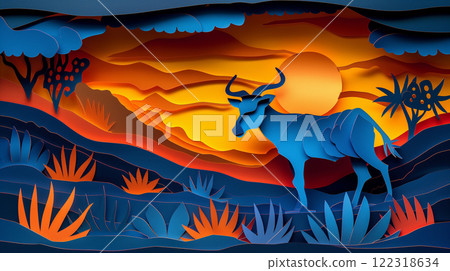 Paper cut design of yak zebu cow, colorful vibrant card for children, copy space banner 122318634