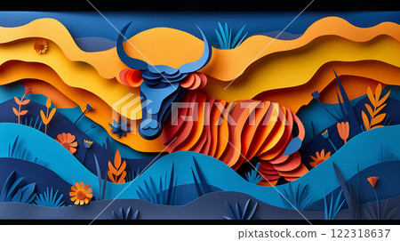 Paper cut design of yak zebu cow, colorful vibrant card for children, copy space banner 122318637