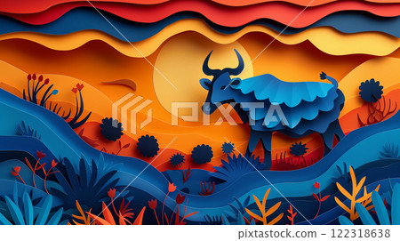 Paper cut design of yak zebu cow, colorful vibrant card for children, copy space banner 122318638