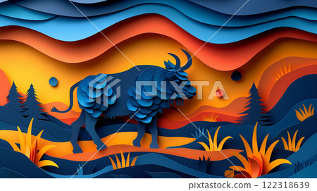 Paper cut design of yak zebu cow, colorful vibrant card for children, copy space banner 122318639