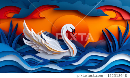 Paper cut design of swan, goose, colorful vibrant card for children, copy space banner 122318648