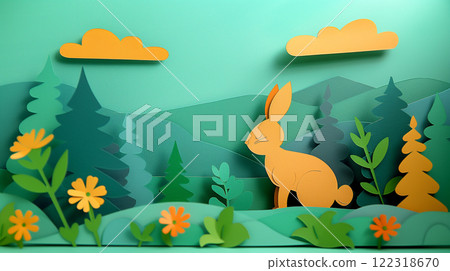 Paper cut design of hare, rabbit, colorful vibrant card for children, copy space banner 122318670