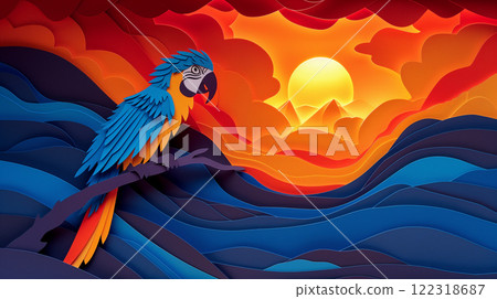 Paper cut design of parrot, colorful vibrant card for children, copy space banner 122318687