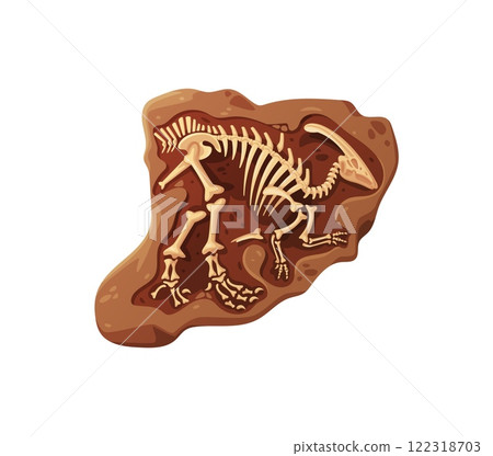 Dino fossil skeleton bones. Isolated cartoon vector dinosaur skeletal structure imprinted into ancient rock. Prehistoric and archaeological museum artefact, evoking a sense of history and discovery Dino fossil skeleton bones. Isolated cartoon vector dinosaur skeletal structure imprinted into ancient rock. Prehistoric and archaeological museum artefact, evoking a sense of history and discovery 122318703