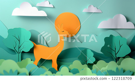 Paper cut design of alpaca lama llama, colorful vibrant card for children, copy space banner Paper cut design of alpaca lama llama, colorful vibrant card for children, copy space banner 122318709