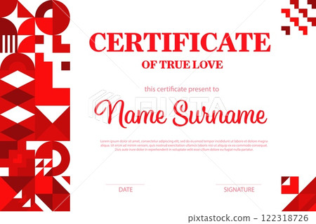 Valentines day true love diploma certificate, geometric shapes and bold red accents paired with clean, elegant typography. Vector minimalistic romance layout for a special acknowledgment and honoring 122318726