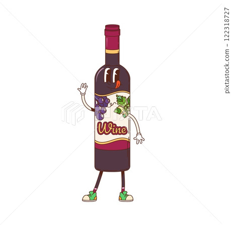 Cartoon groovy red wine bottle retro character. Restaurant merlot red wine cheerful groovy vector personage. cabernet grape alcohol drink bottle happy mascot or isolated cartoon character waning hand 122318727