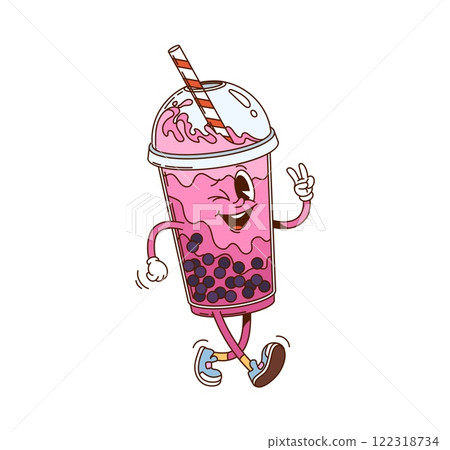 Hippie groovy bubble tea drink character. Fast food menu juicy dessert beverage groovy vector mascot. Cafe pink smoothie or sweet drink in plastic cup with straw happy smiling and walking character Hippie groovy bubble tea drink character. Fast food menu juicy dessert beverage groovy vector mascot. Cafe pink smoothie or sweet drink in plastic cup with straw happy smiling and walking character 122318734