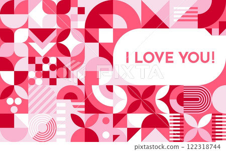 Geometric shapes at Valentine Day greeting card. Vector modern graphic pattern of abstract pink flowers, circles, squares and triangles geometric shapes mosaic. I love you Valentine Day greeting card Geometric shapes at Valentine Day greeting card. Vector modern graphic pattern of abstract pink flowers, circles, squares and triangles geometric shapes mosaic. I love you Valentine Day greeting card 122318744