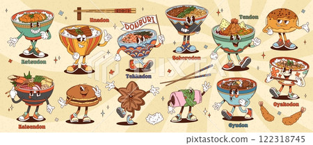 Cartoon retro groovy japanese and asian cuisine characters, donburi and dessert food vector personages. Funky psychedelic donburi rice bowls topped with meat, fish and seafood, pancakes and roll bun Cartoon retro groovy japanese and asian cuisine characters, donburi and dessert food vector personages. Funky psychedelic donburi rice bowls topped with meat, fish and seafood, pancakes and roll bun 122318745