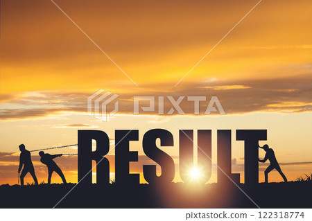 Silhouettes of people drawing the word RESULT on a sunset background, business concept Silhouettes of people drawing the word RESULT on a sunset background, business concept 122318774