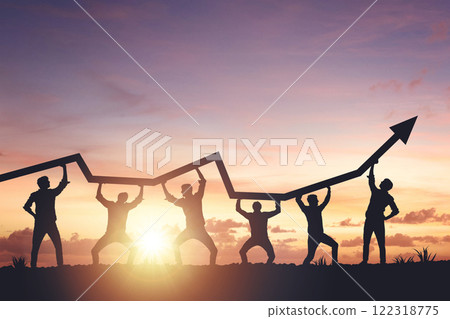 Team silhouette and up graph arrow on sunset background, leadership and teamwork concept 122318775
