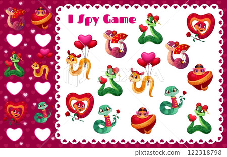 Valentines day snakes, I spy game worksheet. Vector kids riddle with cute and charming reptile characters adorned with hearts, roses and balloons. Winter holiday educational learning activity puzzle 122318798