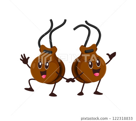 Cartoon funny castanets musical instrument characters with expressive faces evoking a lively and humorous musical vibe. Isolated vector percussion instrument personages happily dancing flamenco Cartoon funny castanets musical instrument characters with expressive faces evoking a lively and humorous musical vibe. Isolated vector percussion instrument personages happily dancing flamenco 122318833