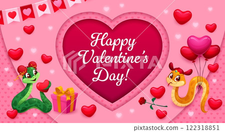Paper cut Valentine Day banner with snakes in love and vector 3d layered heart. Cartoon cute Chinese New Year horoscope snakes, Valentine Day love holiday gift box and heart balloons paper cut card 122318851