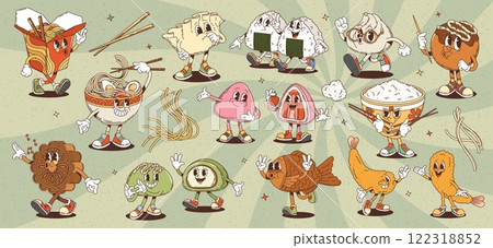 Retro groovy japanese, korean and chinese asian cuisine food and dessert characters. Vector onigiri sushi, rice bowl, fried noodles and ramen soup personages. Groovy fish cake and wonton dumplings Retro groovy japanese, korean and chinese asian cuisine food and dessert characters. Vector onigiri sushi, rice bowl, fried noodles and ramen soup personages. Groovy fish cake and wonton dumplings 122318852