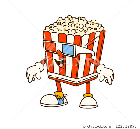 Cinema movie cartoon groovy popcorn character. Cinema takeaway meal funny vintage cartoon vector character. Movie entertainment popcorn snack bucket wearing 3d glasses happy groovy personage Cinema movie cartoon groovy popcorn character. Cinema takeaway meal funny vintage cartoon vector character. Movie entertainment popcorn snack bucket wearing 3d glasses happy groovy personage 122318853