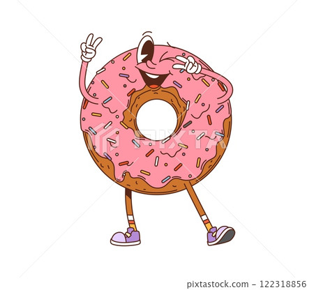 Retro hippie groovy donut dessert character. Frosted donut confectionery vintage cartoon isolated vector cute mascot, glazed doughnut cheerful personage or sweet pastry dessert funny groovy character 122318856