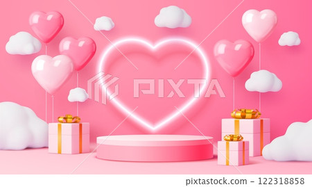 Valentine day podium with clouds and heart balloons for love holiday, vector background. Valentine day, wedding or marriage pink podium stage pedestal with neon light heart and gifts in golden ribbons 122318858