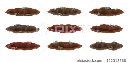 Cartoon deep dirty pits and burrow, ground holes, surrounded by scattered rocks and plants. Vector set of natural formations, cavity, muddy crevice. Gaps on the lawn, meadow, farm, forest or garden 122318868
